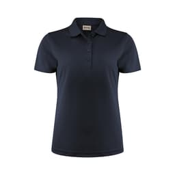 A navy blue women's polo shirt featuring a collar and three buttons, with a logo on the label.