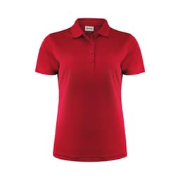 A red women's polo shirt featuring a collar and three buttons, with a logo at the neck.