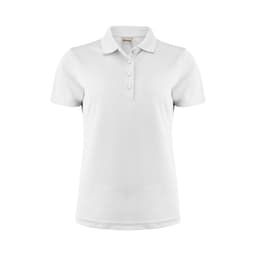 A white women's polo shirt featuring a collar and three buttons, with a logo on the front.