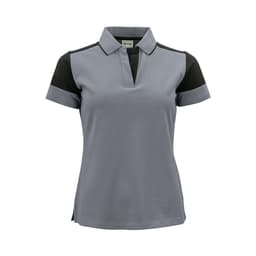 A women's polo shirt in grey with black sleeves and collar, featuring a subtle design and a logo.