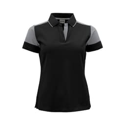 A women's black and grey polo shirt with short sleeves and a collar, featuring a logo.