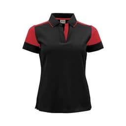 A women's polo shirt featuring a black body with red sleeves and a collar, designed with a logo.