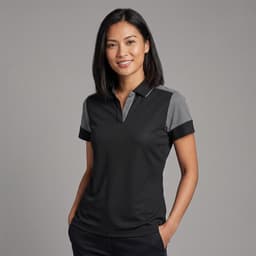 A black polo shirt with grey accents, featuring a collared neckline and short sleeves, worn by a smiling woman.