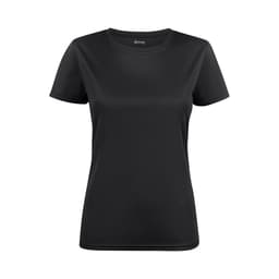 A black women's active tee with a classic short-sleeve design and a branding label on the neckline.