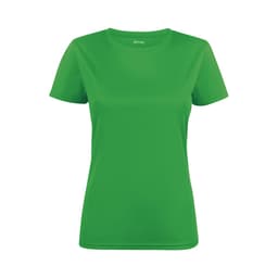 A green women's active tee with short sleeves, featuring a logo. Suitable for sports and casual wear.