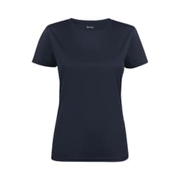 A navy blue women's t-shirt featuring a crew neck and short sleeves, with a logo on the neckline.