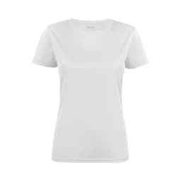 A white women's active t-shirt with a round neckline and short sleeves, featuring a logo on the front.