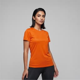 An orange women's active t-shirt with a fitted design, featuring short sleeves and a logo on the front.