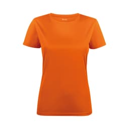 An orange women's active tee with a crew neckline and short sleeves, featuring a logo.