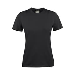 A black women's t-shirt with short sleeves and a round neckline. The shirt has a logo on it.