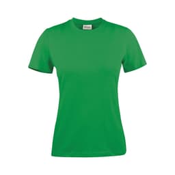A green women's t-shirt with a classic crew neck and short sleeves, featuring a logo on the label.