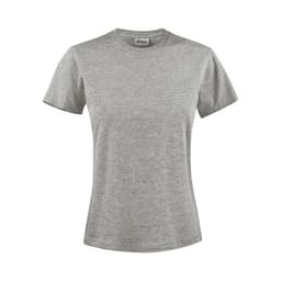 A grey women's t-shirt with short sleeves and a crew neck, featuring a logo.