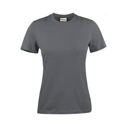 A grey women's t-shirt with short sleeves, featuring a brand logo on the label.