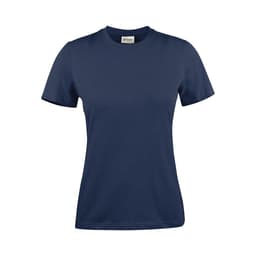 A navy blue women's t-shirt with short sleeves and a fitted design. The shirt has a logo on the label.
