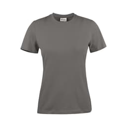 A grey women's T-shirt with short sleeves and a round neckline. It features a logo on the label.