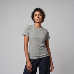 A grey women's T-shirt with a classic fit, featuring short sleeves and a crew neck, alongside a model.