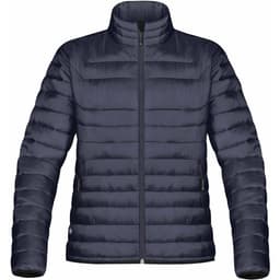 A women's puffy jacket in navy blue with a high collar and zippered pockets, featuring a logo on the side.