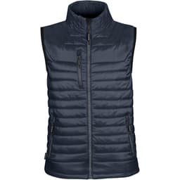 A navy blue men's thermal vest with a zip front and multiple pockets. It features a logo on the chest.