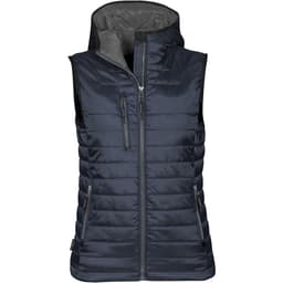 A navy women's thermal vest with a zip front, hood, and multiple zippered pockets. It features a logo on the side.