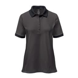 A women's polo shirt in dark grey with a contrasting black collar and sleeve cuffs. It features a logo.