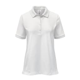 A white women's polo shirt with short sleeves and a collar, featuring a button-up front and a logo.