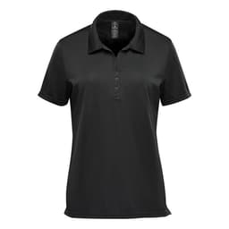 A black women's performance short sleeve polo shirt with a collar and a small logo.