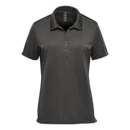 A women's short sleeve polo shirt in dark green with a collar and button placket, featuring a logo.