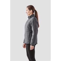 A women's grey puffer jacket is displayed, featuring a side view of the lightweight design. It has a branding logo.