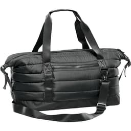 A black quilted duffle bag with padded sections, featuring handles and a detachable strap, includes a logo.
