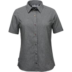 A women's button-up shirt in green with a short sleeve design and brown buttons. It features a logo on the label.