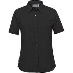 A black women's button-up shirt with short sleeves, featuring a textured pattern and a logo tag.