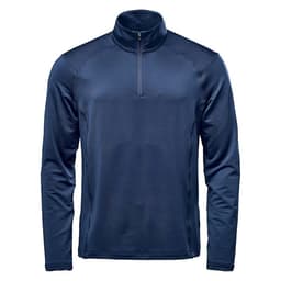 A navy long sleeve men's shirt featuring a 1/4 zip collar and a logo. Ideal for casual wear.