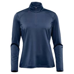 A navy long sleeve jumper featuring a quarter zip design and a logo on the chest.