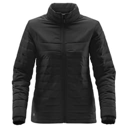 A black women's quilted jacket with a high collar, featuring a zip front and long sleeves. It has a logo on the lower side.