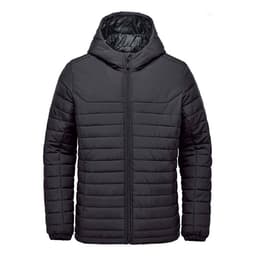 A black quilted hoody with a zip front and a hood. The design features horizontal seams and has a logo.
