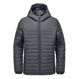 A dark grey quilted hoody with a zip front and hood, featuring a logo on the chest.