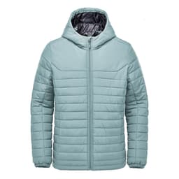 A light blue quilted hoody with a zip front and a hood, featuring a logo on the chest.