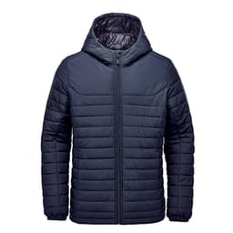 A navy blue quilted hoody with a zip front and a hood, featuring a logo.