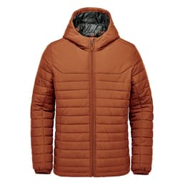 A rust-coloured quilted hoody featuring a zip closure and a hood, with a contrasting inner lining and a logo.