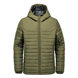 A quilted olive green hoody with a zip front and a hood. It features a logo on the chest.