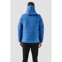 A blue Men's Nautilus Quilted Hoody featuring a hood and a quilted texture, viewed from the back.