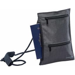 A grey sling bag with two zipped pockets and a passport partially inserted in one pocket. It features a logo.