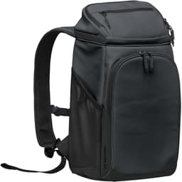 A dark green cooler backpack with multiple compartments and adjustable straps, featuring a side mesh pocket.
