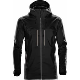 A black rain jacket with a hood, featuring zippered pockets and a logo on the front.