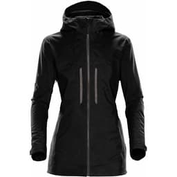 A black women's rain jacket with a hood, featuring zip pockets and a sleek design. It has a logo on the sleeve.