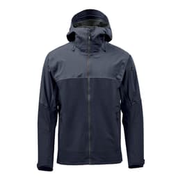 A dark grey rain jacket with a hood, featuring zippered pockets and a sleek design. It has a branding logo on it.