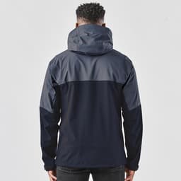 A men's rain jacket in navy blue, featuring a hood and a two-tone design, with a branding logo visible.