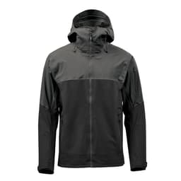A men's rain jacket in dark green and black, featuring a hood and zippered pockets. Includes a logo on the design.