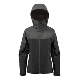 A women's jacket in dark green and black, featuring a hood and a logo on the design.