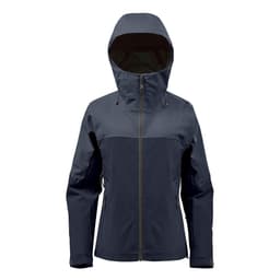 A women's jacket in navy blue, featuring a hood, zip closure, and pockets. It has a branded logo.